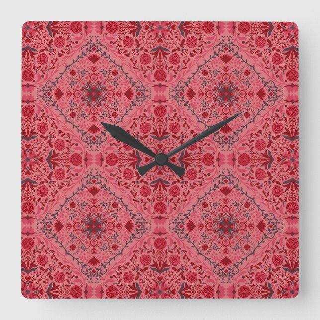 Floral tiles in red and watermelon pink square wall clock (Front)