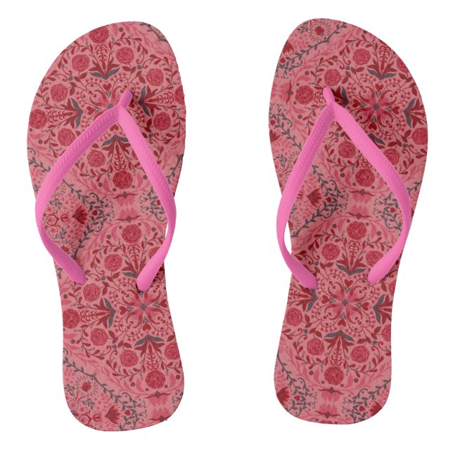 Floral tiles in red and watermelon pink thongs (Footbed)