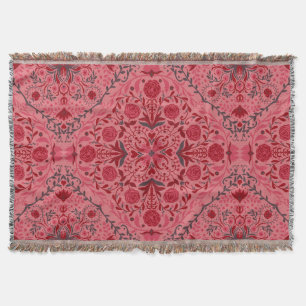 Floral tiles in red and watermelon pink throw blanket