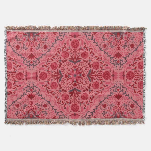 Floral tiles in red and watermelon pink throw blanket (Front)
