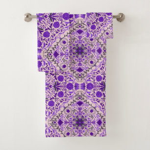 Floral tiles in violet and cotton candy pink bath towel set