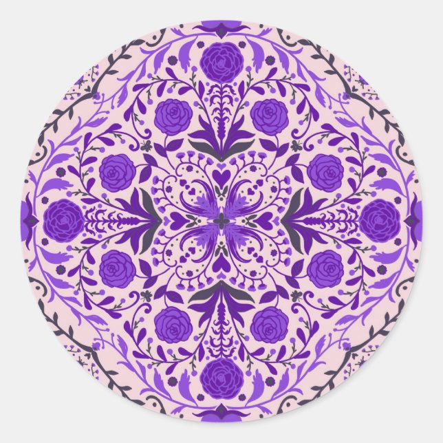 Floral tiles in violet and cotton candy pink classic round sticker (Front)