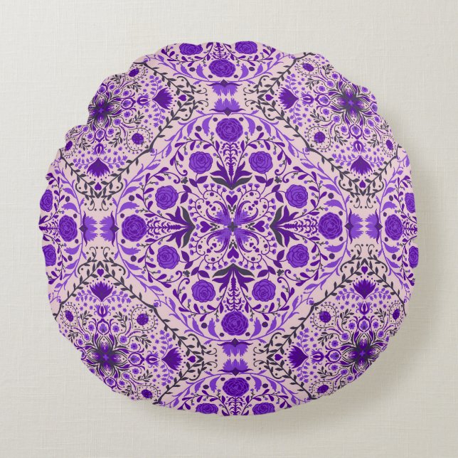 Floral tiles in violet and cotton candy pink round cushion (Front)