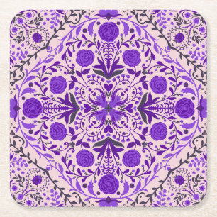 Floral tiles in violet and cotton candy pink square paper coaster