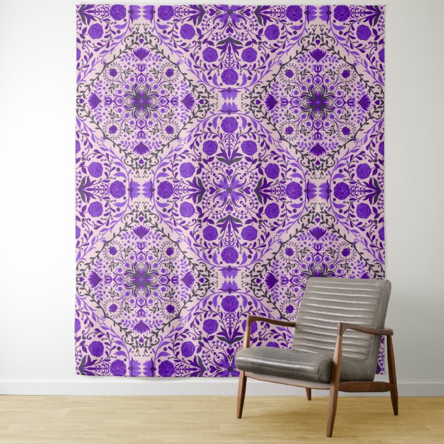 Floral tiles in violet and cotton candy pink tapestry (In Situ)