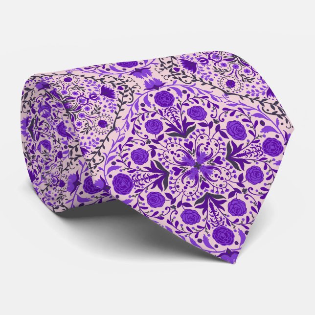 Floral tiles in violet and cotton candy pink tie (Rolled)
