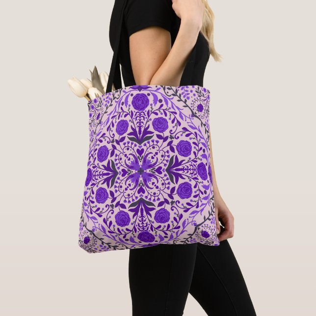 Floral tiles in violet and cotton candy pink tote bag (Close Up)
