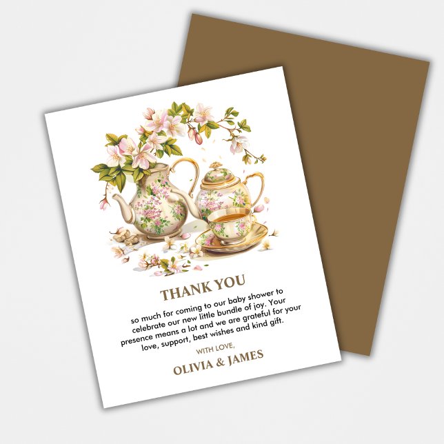 Floral Time for Tea Baby Shower Thank You Card  (Time for Tea Spring Baby Shower Thank You Card | A Baby is Brewing Spring Baby Shower Thank You Card)