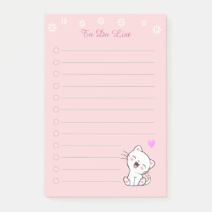 Floral To Do List & Cute White Kitty Cat on Pink Post-it Notes