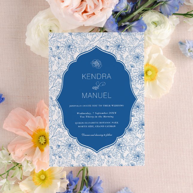 Floral Toile Fancy French Blue Wedding Invitation (Creator Uploaded)