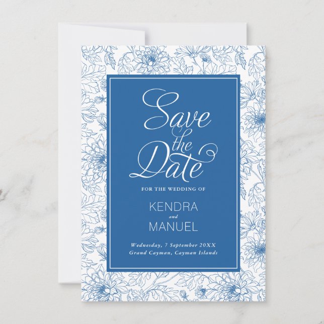 Floral Toile French Blue Chinoiserie Wedding Save The Date (Front)