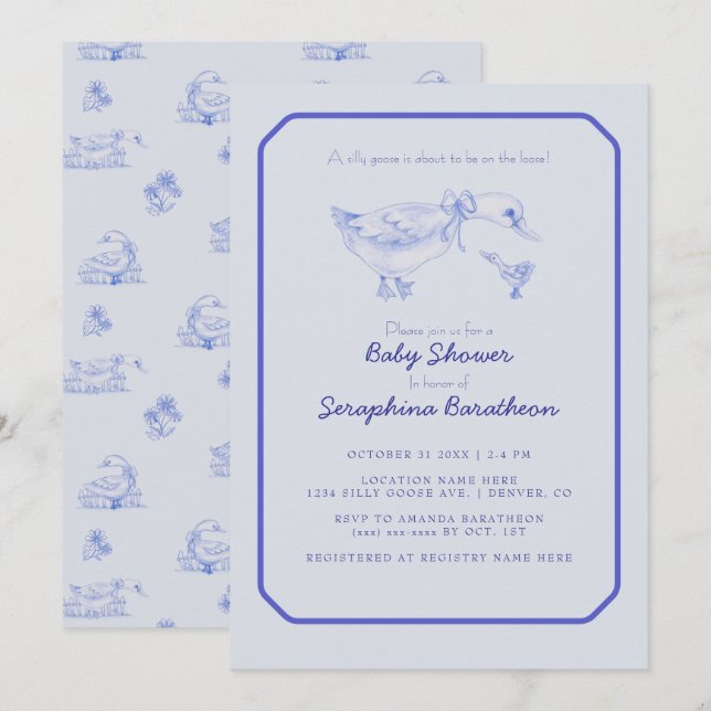 Floral Toile Silly Goose Baby Shower Invitation (Front/Back)
