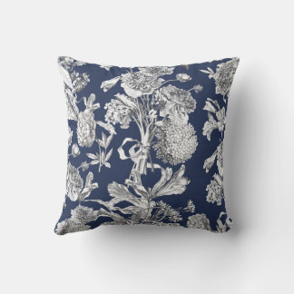 Floral Toile, White on Navy Background Cushion