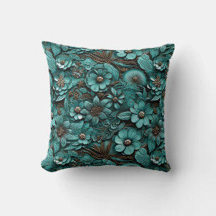 Floral Tooled Leather Throw Pillow