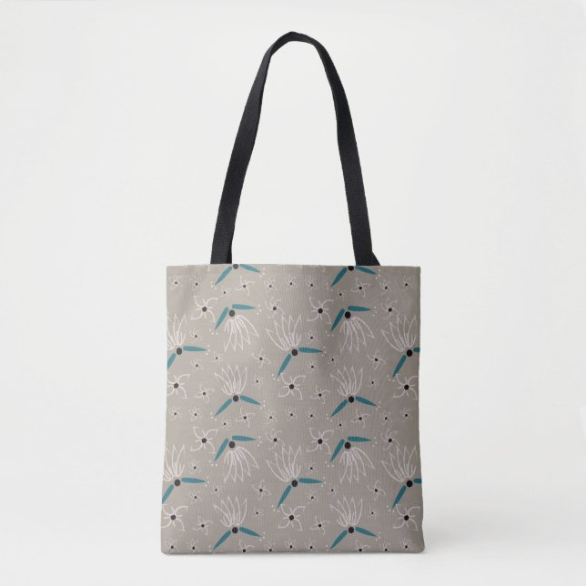 Floral Tote Bag - Teal & Beige on Sunwashed Taupe (Front)