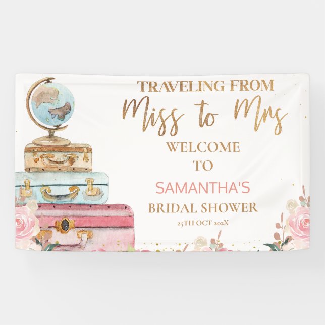 Floral Traveling Miss To Mrs Bridal Shower Banner (Horizontal)