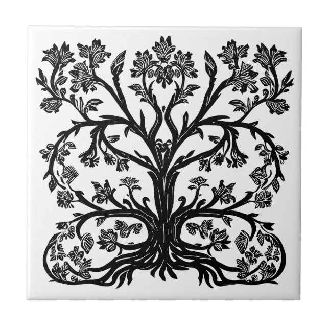 Floral Tree of Life in Black on White Ceramic Tile (Front)