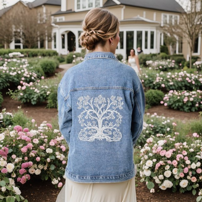 Floral Tree of Life in White Denim Jacket (Wedding Back)