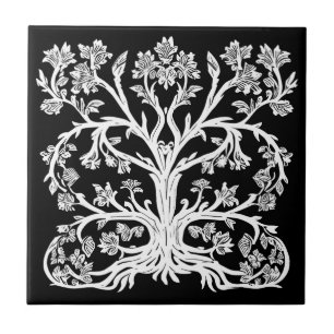 Floral Tree of Life in White on Black Ceramic Tile