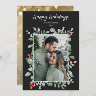Floral trendy stylish photo calligraphy greenery holiday card