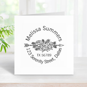 Floral Tribal Arrow, Rose Flowers Round Address Rubber Stamp