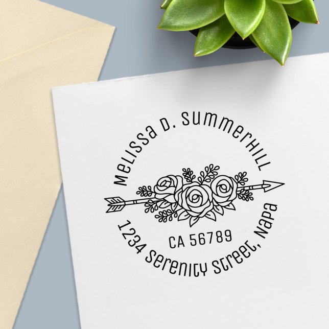 Floral Tribal Arrow, Rose Flowers Round Address V2 Self-inking Stamp (Creator Uploaded)