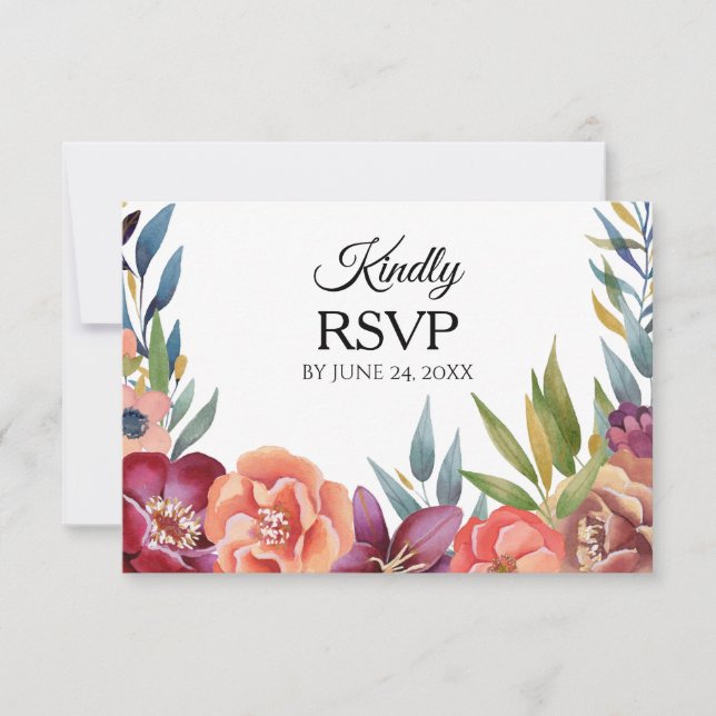 Floral Tropical Burgundy & Blush RSVP 3 Meal Card (Front)