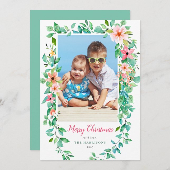Floral Tropical Christmas Vacation Photo Holiday Card (Front/Back)
