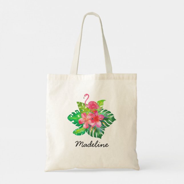 Floral Tropical Flamingo Monogram Tote Bag (Back)