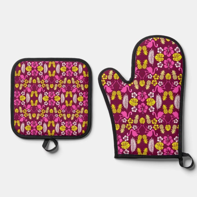 Floral Tropical Fruit Patterned Oven Mitt & Pot Holder Set (Front)