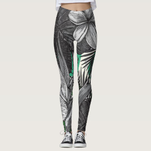 Floral Tropical Hawaiian Background Green And Whit Leggings