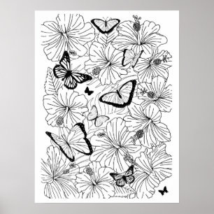 Floral Tropical Hibiscus and Butterflies Colouring Poster