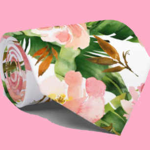 Floral Tropical Palm Pink Flowers Botanical Tie