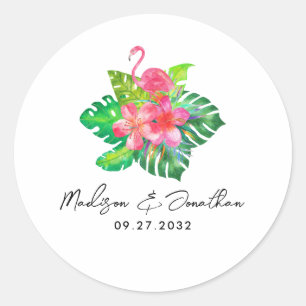Floral Tropical Paradise Flamingo Wedding Classic Round Sticker