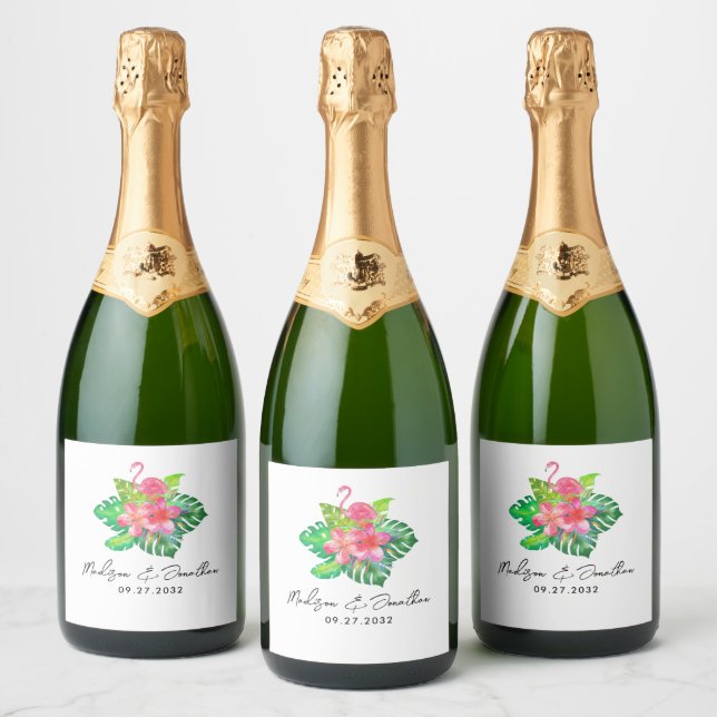 Floral Tropical Paradise Flamingo Wedding Sparkling Wine Label (Bottles)