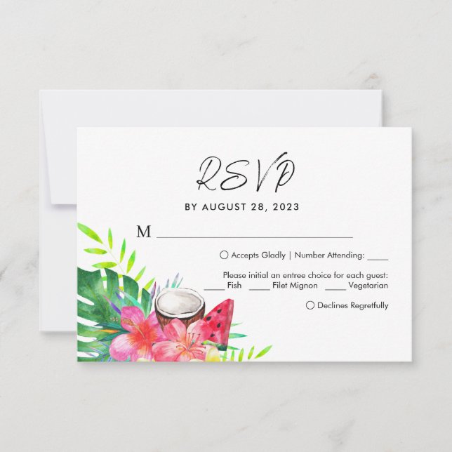 Floral Tropical Paradise Palm Leaves Wedding RSVP Card (Front)