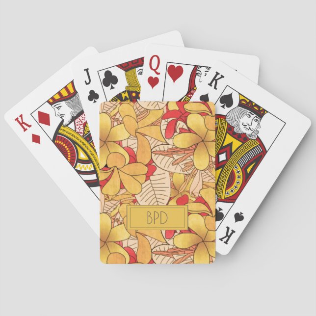 Floral Tropical Pattern Monogrammed Red Yellow Playing Cards (Back)