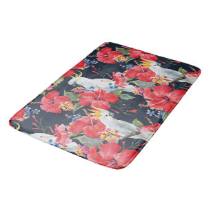 Floral Tropical Pattern Red Hibiscus Cockatoo   Bath Mat