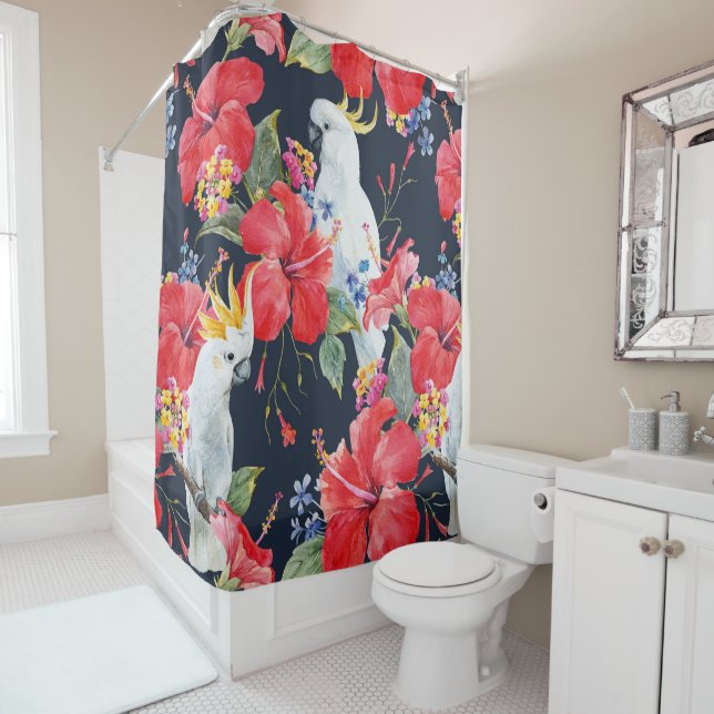 Floral Tropical Pattern Red Hibiscus Cockatoo    Shower Curtain (In Situ)