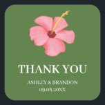 Floral Tropical Pink Flower Wedding Thank You Square Sticker<br><div class="desc">Bright and bold,  this pink tropical flower sticker with green background adds vibrant island style to any celebration. Featuring a lush floral design full of tropical charm,  it’s perfect for sealing wedding envelopes,  decorating favor bags,  or adding a colorful accent to party details.</div>