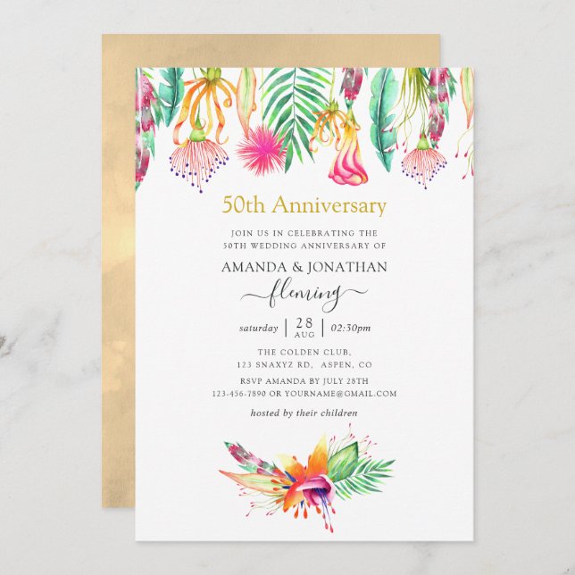 Floral Tropical Summer 50th Wedding Anniversary Invitation (Front/Back)