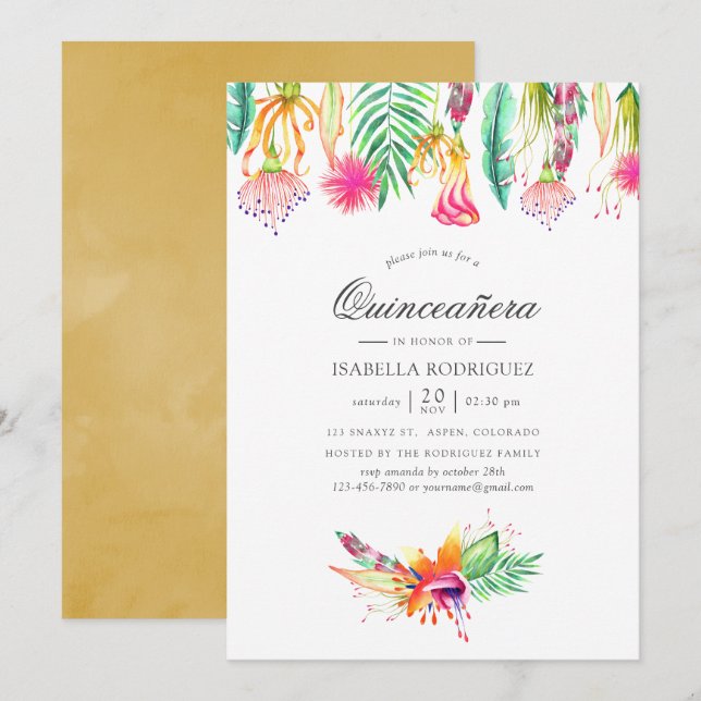 Floral Tropical Summer Beach Quinceañera Invitation (Front/Back)
