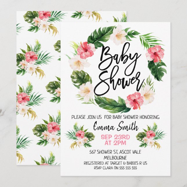 Floral Tropical Wreath Baby Shower Invitation (Front/Back)