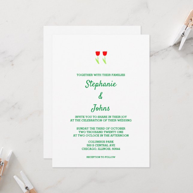 Floral Tulip Flower Red White Green Cute Wedding Invitation (Front/Back In Situ)