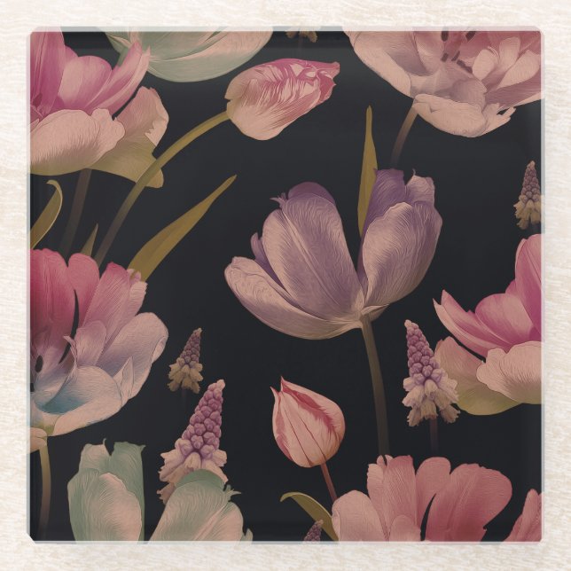 Floral tulips, muscari: vintage seamless glass coaster (Front)