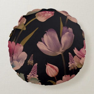 Floral tulips, muscari: vintage seamless round cushion