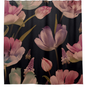 Floral tulips, muscari: vintage seamless shower curtain