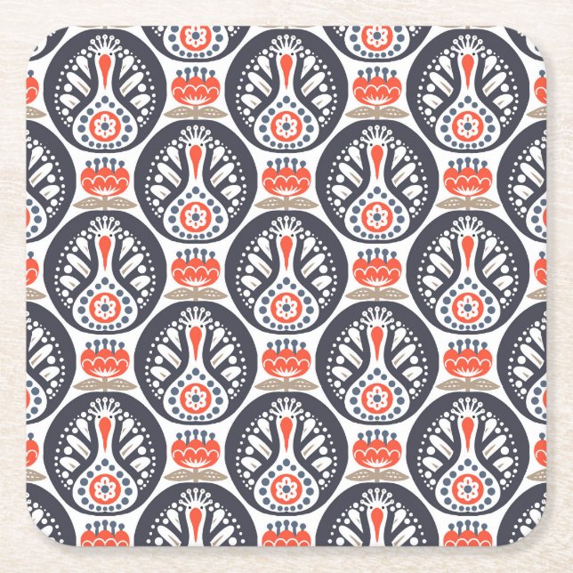 Floral Turkey Folk Art Pattern Square Paper Coaster (Front)