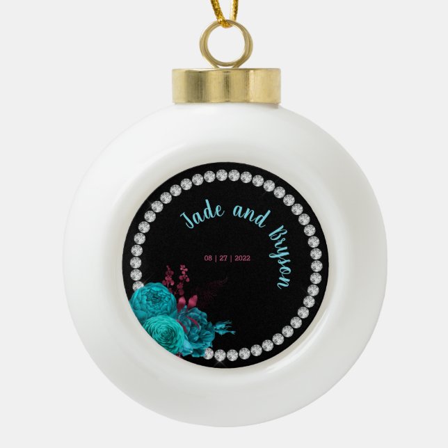 Floral Turquoise and Mauve Elegant Rhinestone  Ceramic Ball Christmas Ornament (Front)