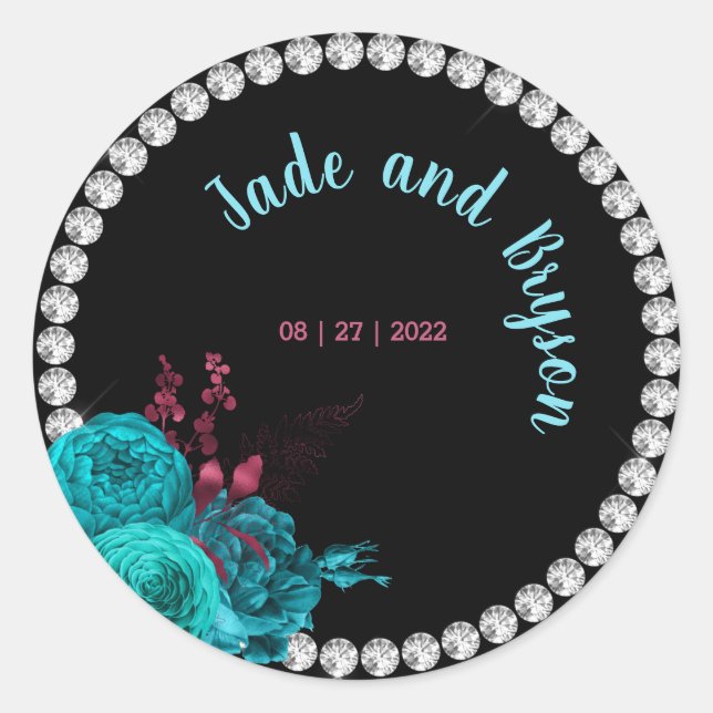 Floral Turquoise and Mauve Elegant Rhinestone   Classic Round Sticker (Front)